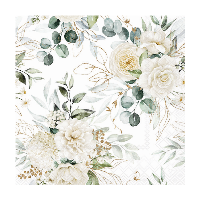 Seamless watercolor floral pattern - gold green leaves, white flowers, rose, peony, branches composition on white background. For wrappers, wallpapers, postcards, greeting cards, wedding invitations.