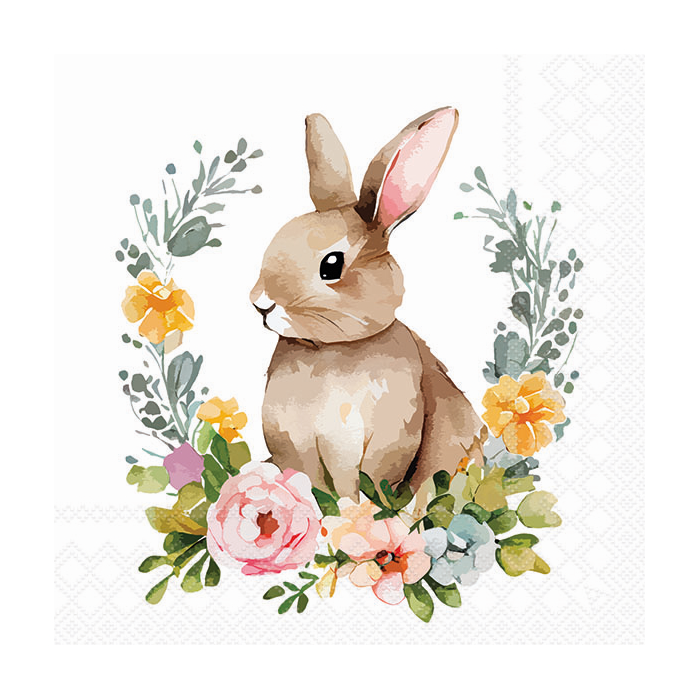 Easter rabbit with spring flowers and leaves wreath watercolor. Cute vintage bunny isolated on white background. Vector illustration.